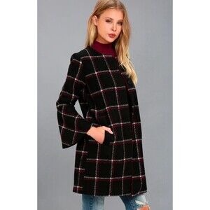 BB Dakota Hewes Black Plaid Flare Sleeve Wool Blend Coat Size S EUC!!!